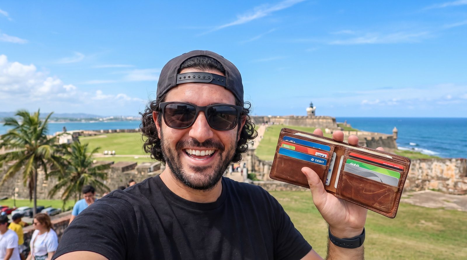 Un hombre se toma una foto con su cartera en la mano frente a El Morro